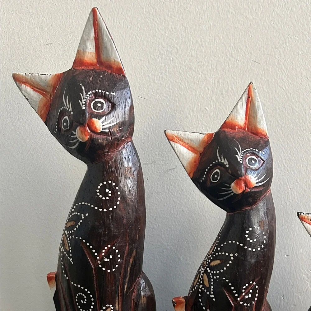 Handcrafted Wooden Cat Figurines - Brown and White